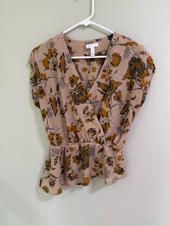 Leith Tops - Loft Floral Wrap Blouse S Pink Mustard Peplum Short Sleeve